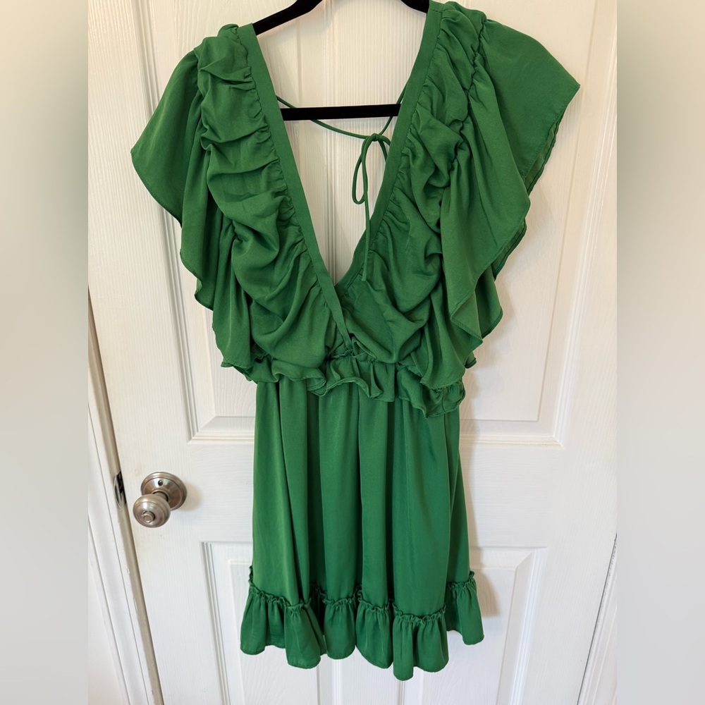 Green Ruffled V-Neck Dress